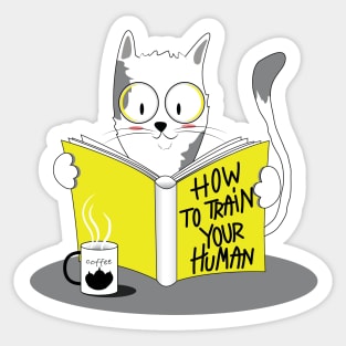 Cute Cat Reading A Human Training Book, how to train human? Sticker